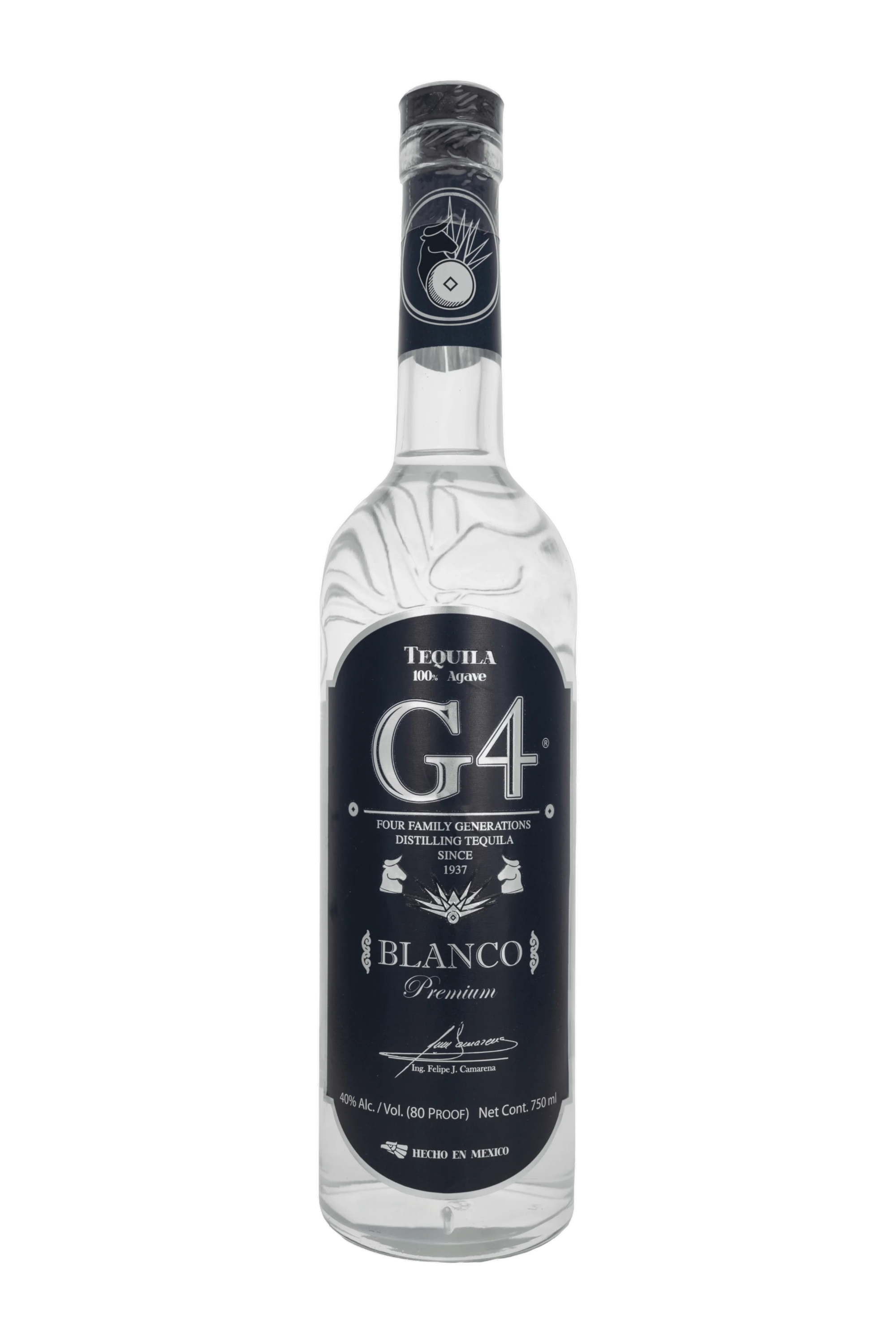 Botella de Tequila G4 Blanco 100% agave azul Weber, elaborada en Destilería El Pandillo, en Jesús María, Jalisco. Tequila de perfil limpio, fresco y mineral, con notas de agave cocido, cítricos, pimienta negra y matices herbales y florales. 40% Alc./Vol. · 750 ml.
