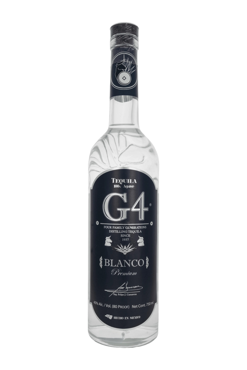 Botella de Tequila G4 Blanco 100% agave azul Weber, elaborada en Destilería El Pandillo, en Jesús María, Jalisco. Tequila de perfil limpio, fresco y mineral, con notas de agave cocido, cítricos, pimienta negra y matices herbales y florales. 40% Alc./Vol. · 750 ml.