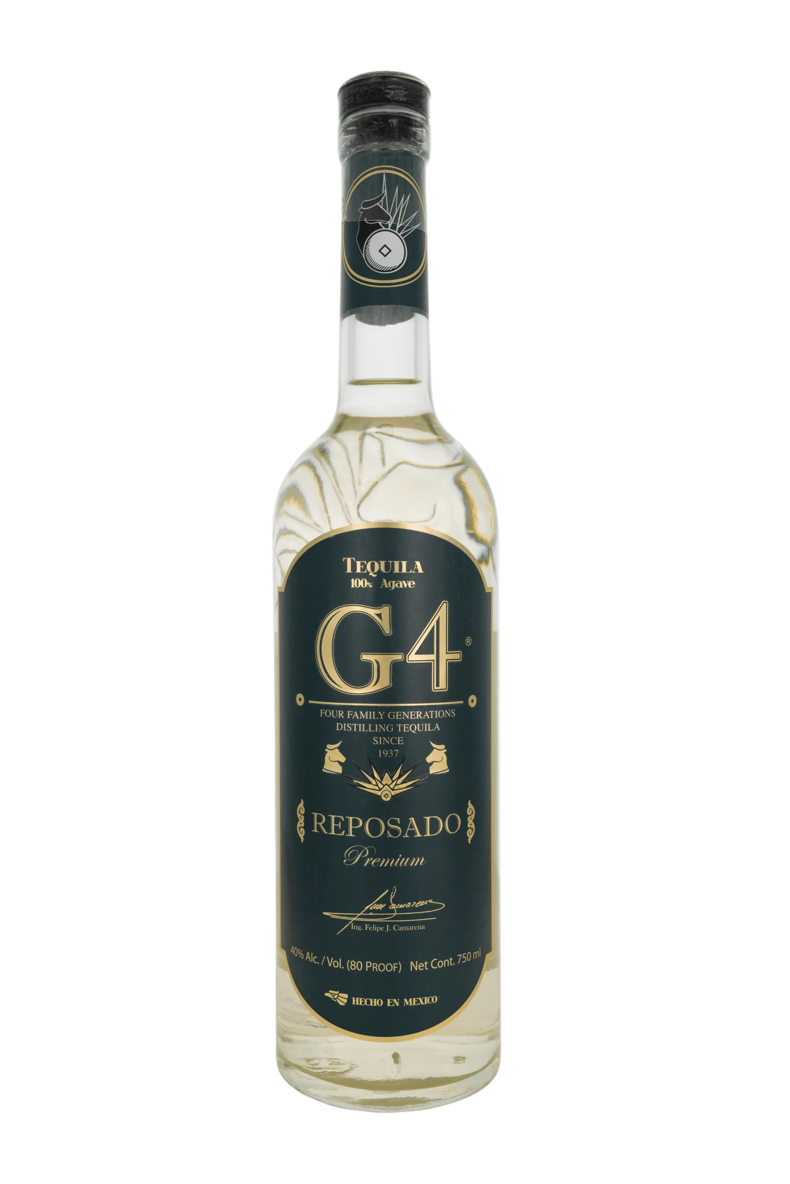 Botella de Tequila G4 Reposado 100% agave azul Weber, elaborada en Destilería El Pandillo, en Jesús María, Jalisco, y añejada durante seis meses en barricas de whiskey. Presenta notas de agave cocido, vainilla, caramelo, cítricos y un sutil carácter de roble. 40% Alc./Vol. · 750 ml.